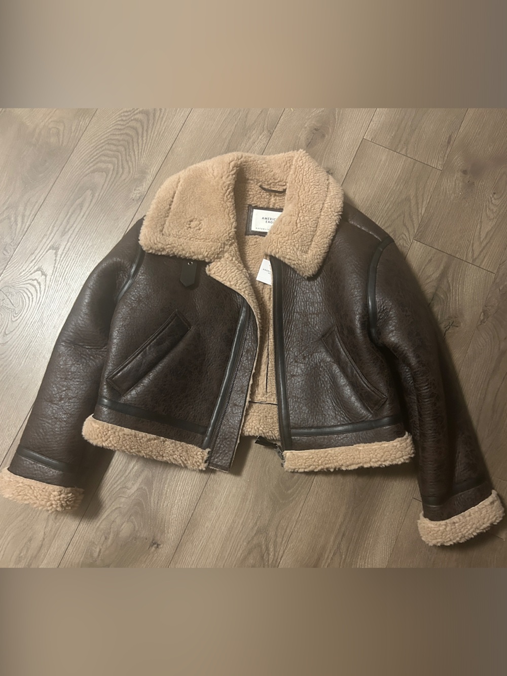 American Eagle Outfitters Dark Brown Bomber Jacket with Tan Shearling